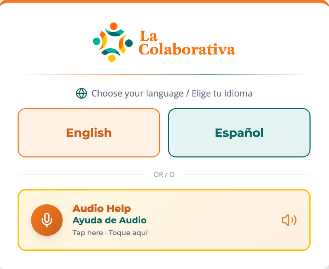 Kiosk welcome screen: "Choose your language / Elige tu idioma" with English and Español buttons, and an Audio Help / Ayuda de Audio button