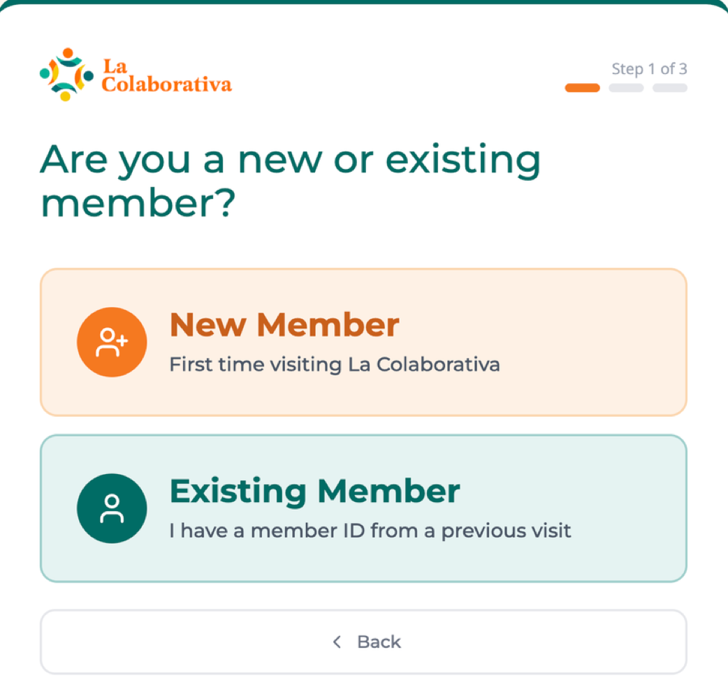 Kiosk screen "Are you a new or existing member?" with large New Member and Existing Member buttons and a Step 1 of 3 progress bar