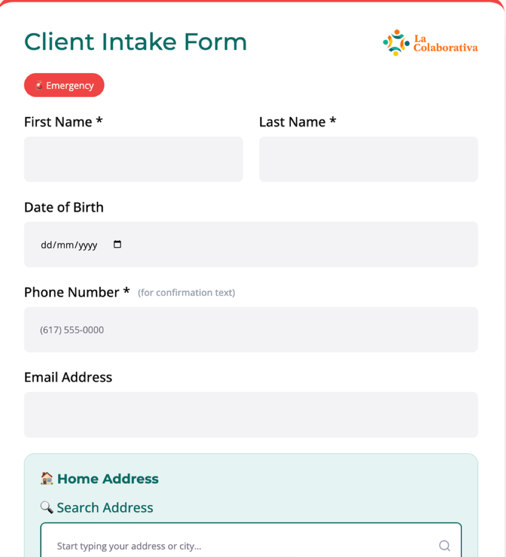 Client intake form screen with an Emergency tag, name, date of birth, phone, email, and an address search field