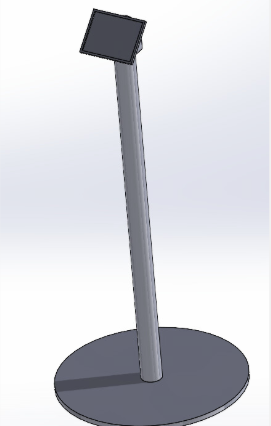 CAD render of the freestanding kiosk: a round base, a tall pole, and an angled iPad holder