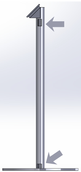 Cross-section CAD render of the kiosk pole with arrows pointing to the cable entry points at the top and bottom
