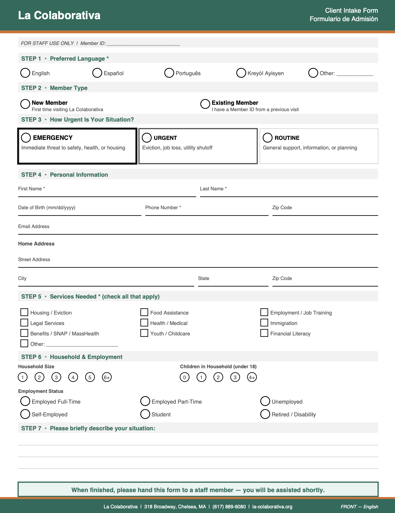 English side of the client intake form: preferred language first, then member type, three urgency boxes with heavy, medium, and light borders, personal information, services needed, household, and a hand-off note