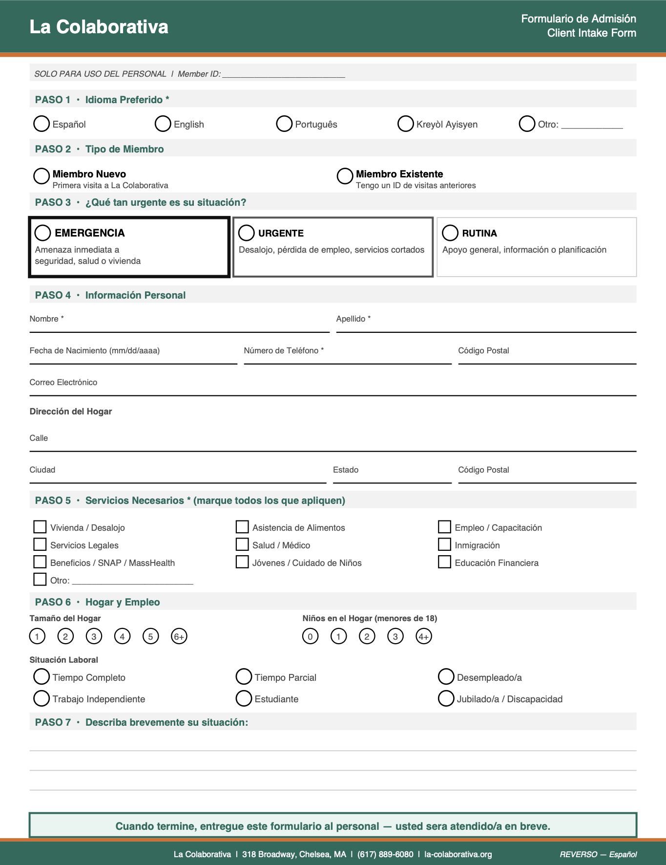 Spanish side of the intake form, Formulario de Admisión, mirroring the English layout