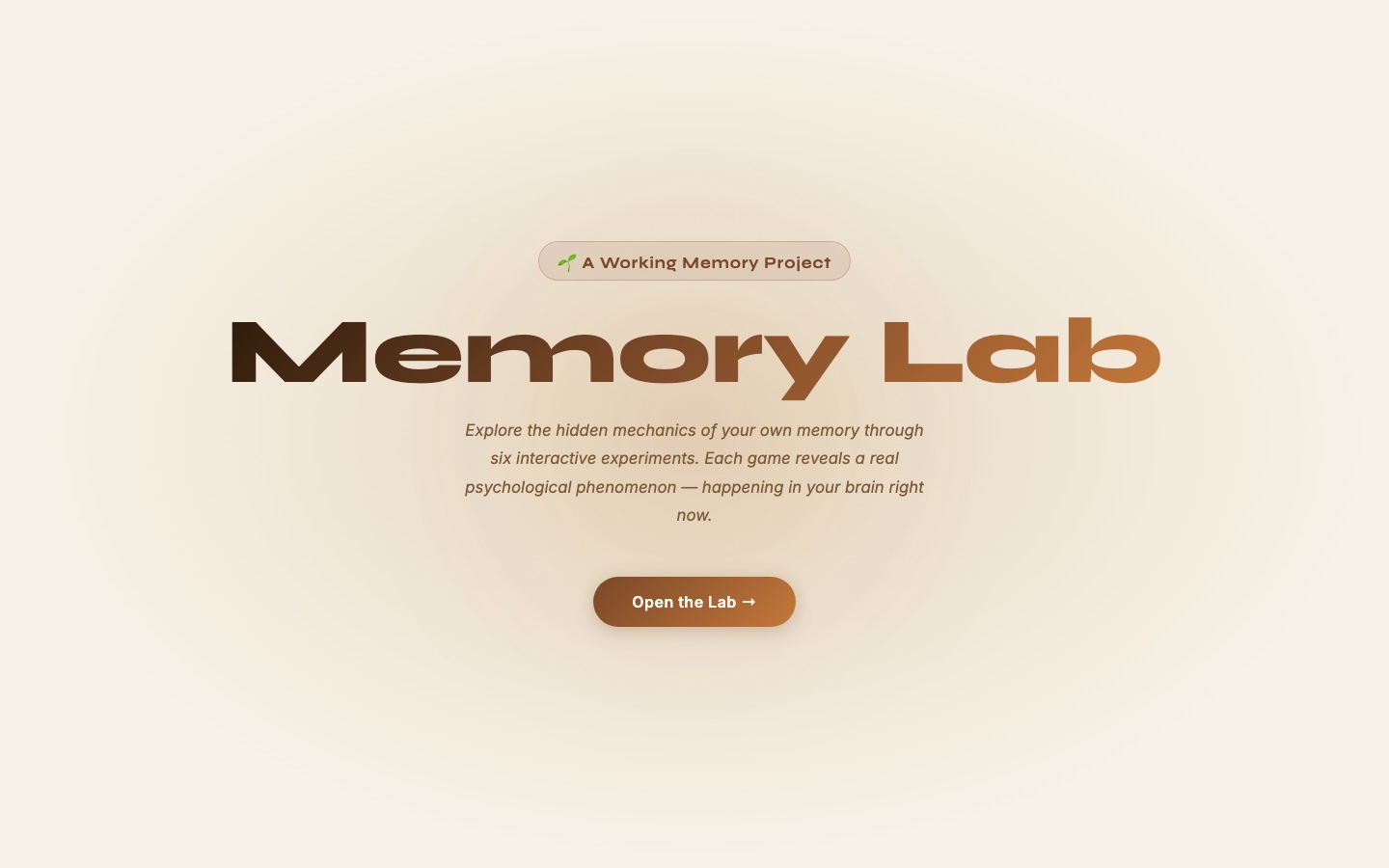 Memory Lab welcome screen: "A Working Memory Project," the title Memory Lab, a one-line description of six interactive experiments, and an Open the Lab button