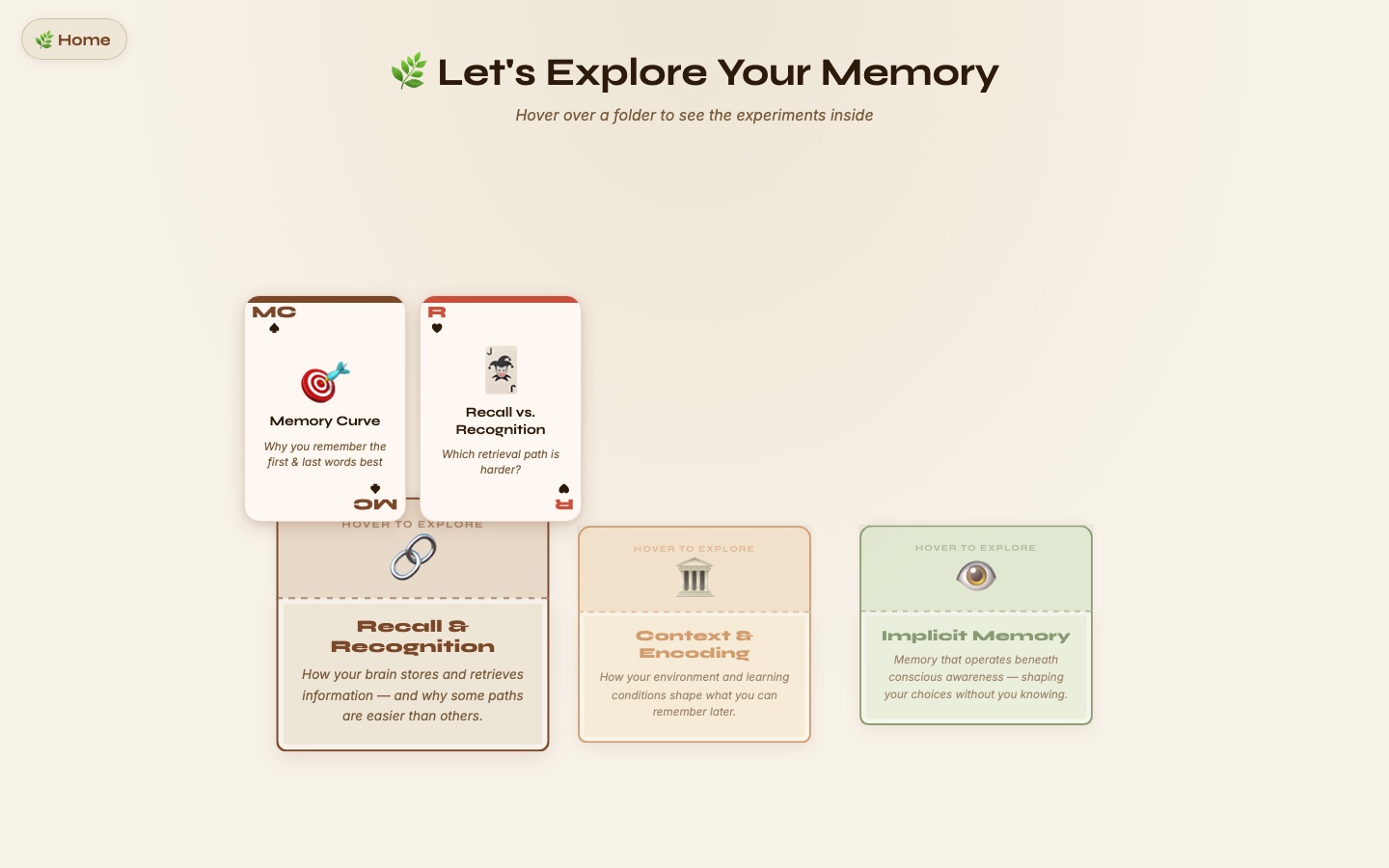 The lab screen: three folders (Recall & Recognition, Context & Encoding, Implicit Memory), with the first folder open showing Memory Curve and Recall vs. Recognition as playing cards