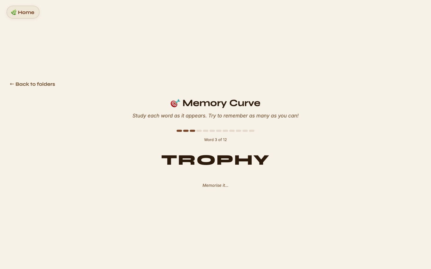 Memory Curve experiment in progress: the word TROPHY in large type, "Word 3 of 12," and a progress bar