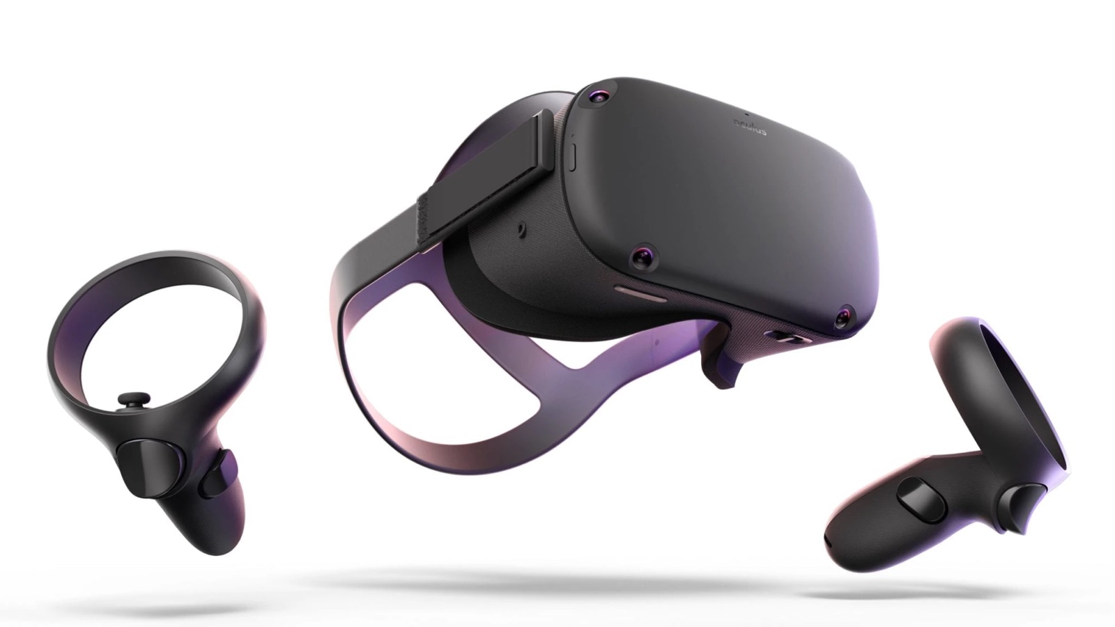 A VR headset with two handheld controllers floating on either side